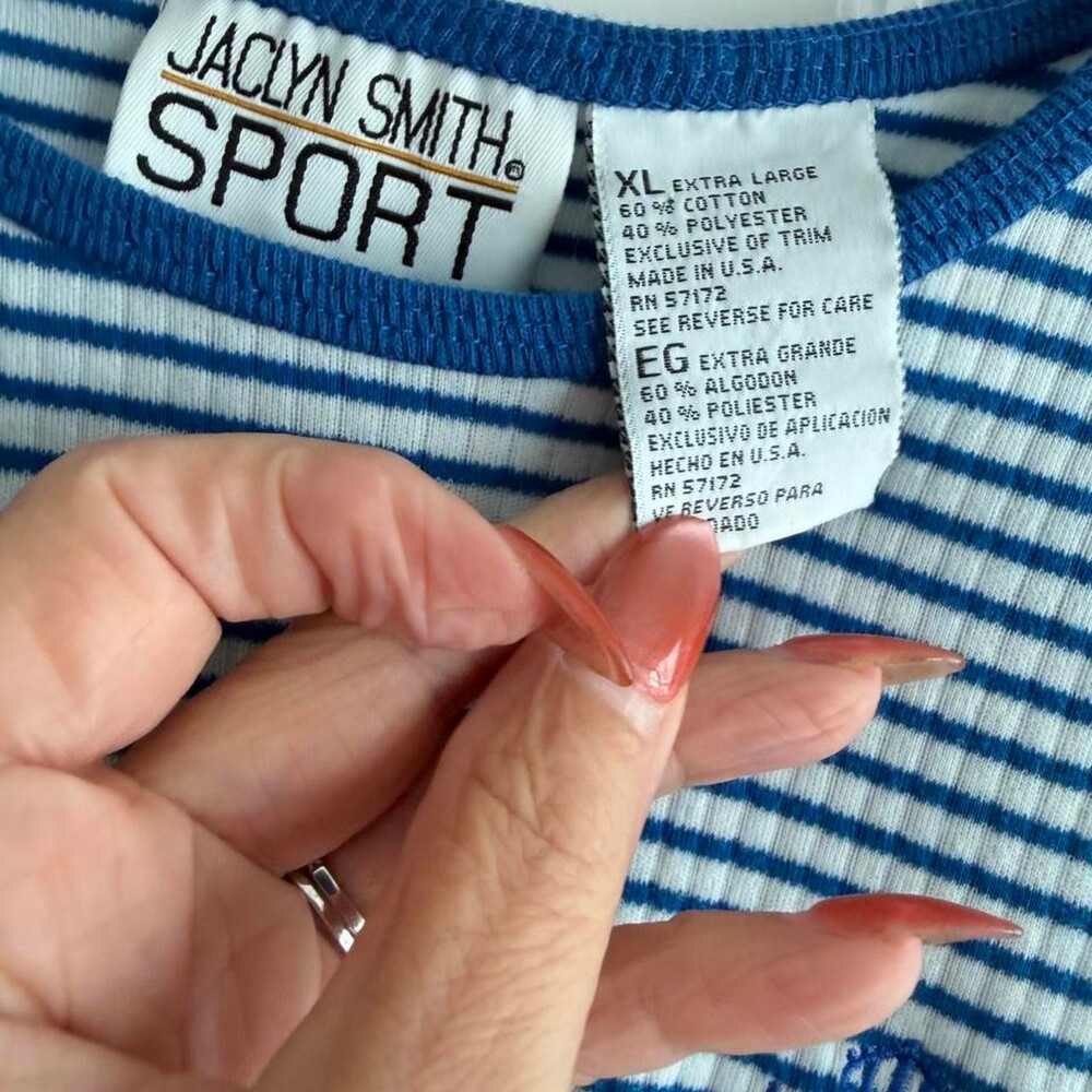 vintage Jaqueline Smith white and blue striped cotton & polyester t-shirt in XL - Picture 2 of 3